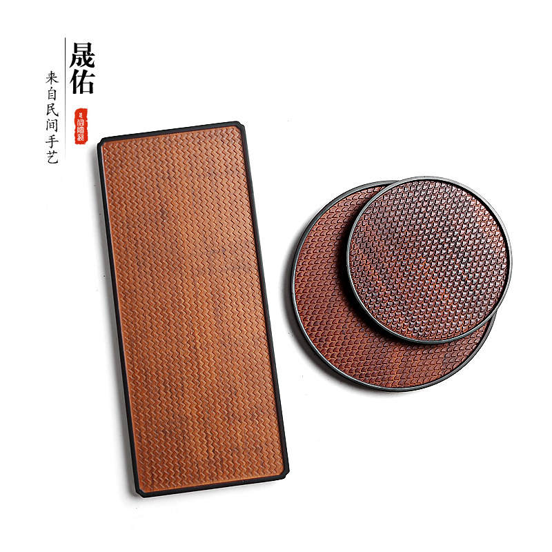 竹制席纹功夫茶具小号圆形干泡茶盘茶壶承长方盘茶海台