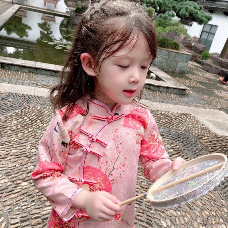 儿童旗袍春秋款长袖改良汉服女孩中国风中长款连衣裙女童可爱唐装