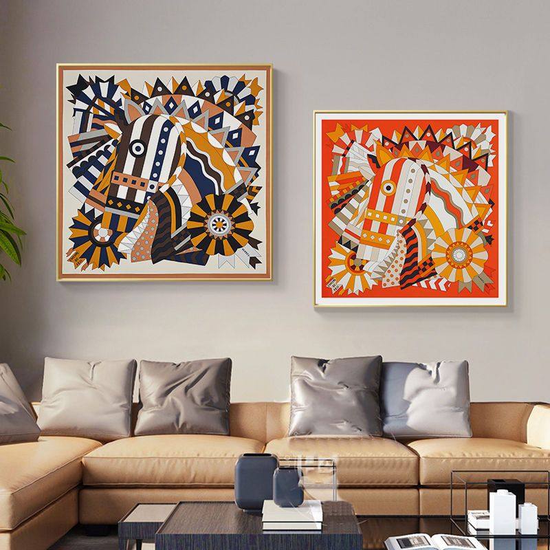 新款庆典骏马丝巾挂画爱马郎仕橙色马镫混搭大小装饰画