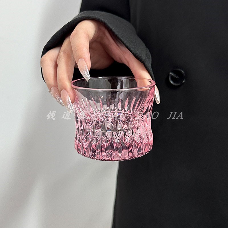 高颜值少女粉威士忌酒杯精致刻花水晶钻纹玻璃杯家用创意束腰杯子
