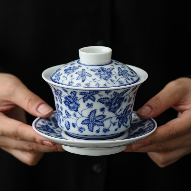 白瓷青花秋葵如玉三才盖碗单个陶瓷高档大号防烫泡茶功夫茶具套装