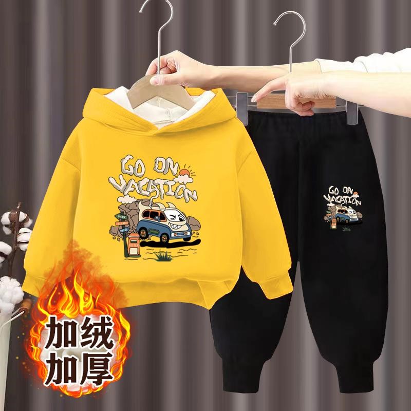 男童冬季加绒套装保暖连帽儿童加厚卫衣两件套中小童装小宝宝衣服