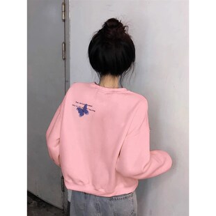 白色短款卫衣女薄款2025秋冬新款杏色加绒圆领无帽高腰小个子上衣