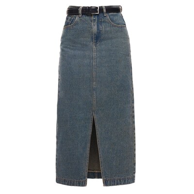 EMPTY PAGE复古水洗蓝色牛仔裙女高腰做旧开叉半身裙街头显瘦百搭