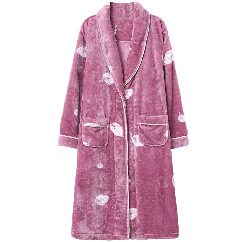 中年睡袍女士珊瑚绒秋冬季加厚妈妈法兰绒睡衣女浴袍中长款家居服