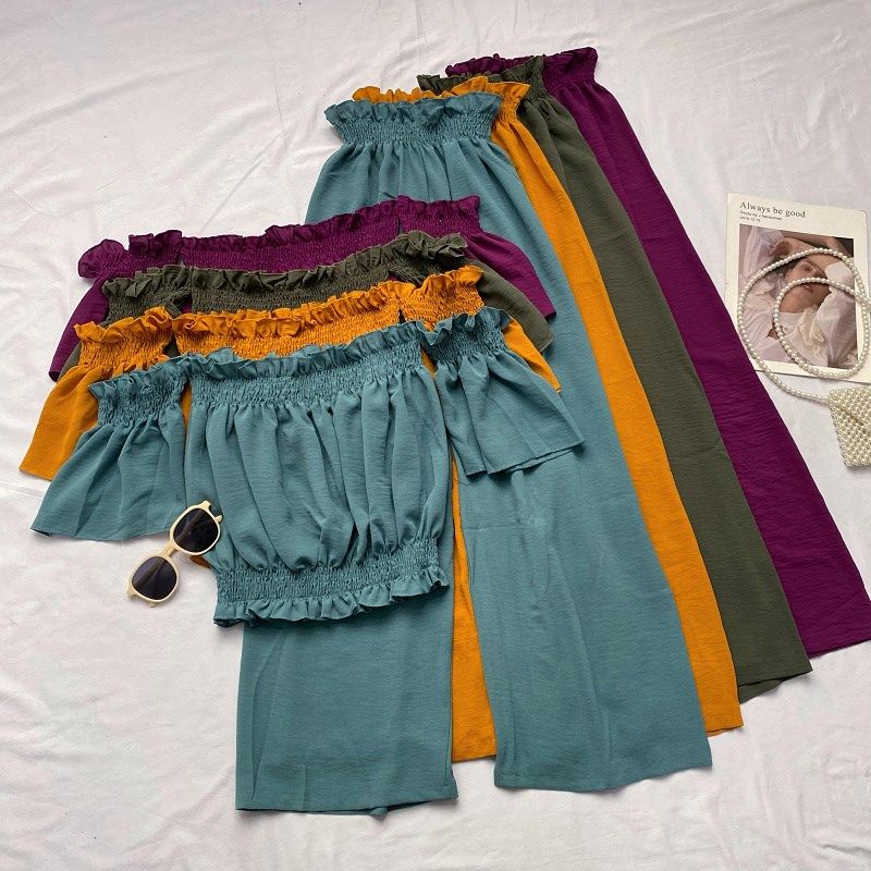 时尚百搭花苞一字领露肩短袖上衣+高腰显瘦阔腿长裤两件套装女,女装/女士精品,时尚套装,淘宝优惠券,粉丝福利购,淘宝优惠卷