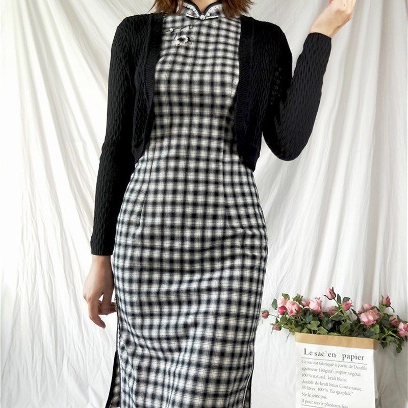 春秋黑色外搭开衫短款搭配旗袍裙子披肩外套长袖针织衫复古上衣女