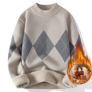 潮男秋冬季半高领格子加厚一体绒保暖上衣针织打底衫内搭加绒毛衣