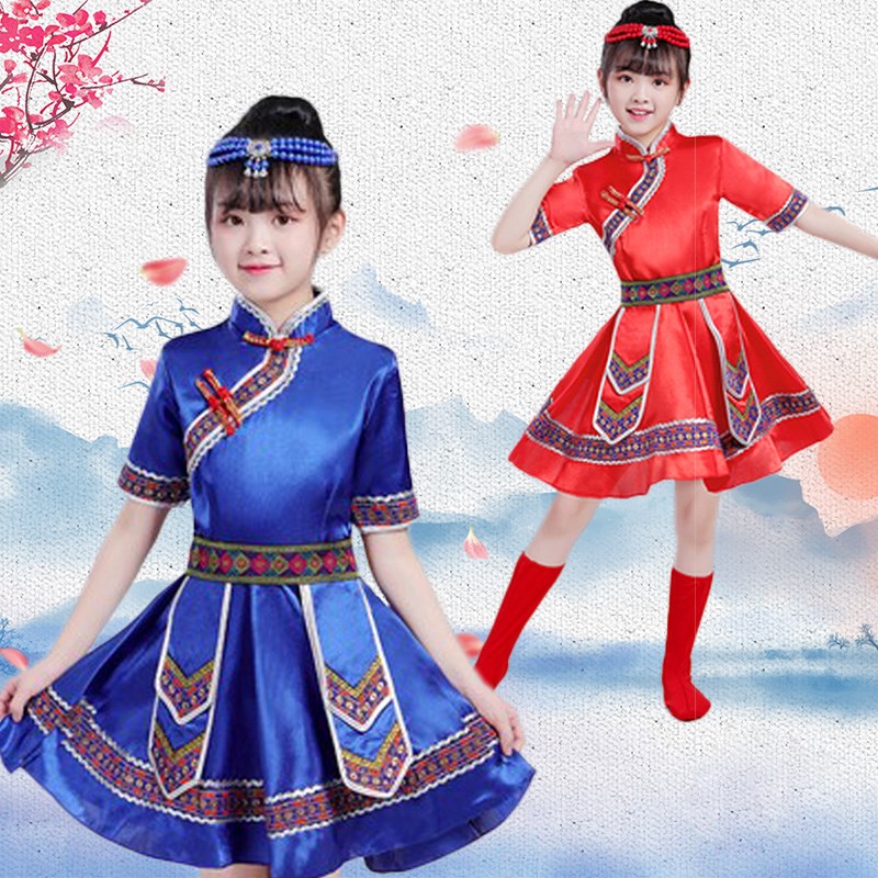 蒙古服族儿童六一儿童节夏季短袖男童女童民族蒙古族舞蹈演出服装图片