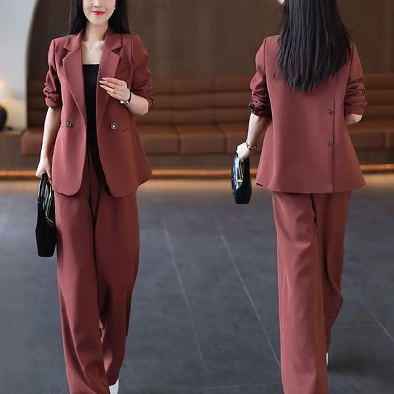 时尚休闲女士西服套装女2024秋季新款小众西装外套+阔腿裤两件套