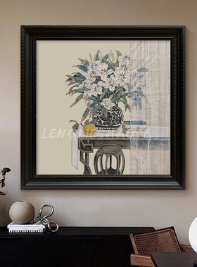 宋代美学茶室中古静物瓶装饰挂画白色卉客厅玄关手绘油画