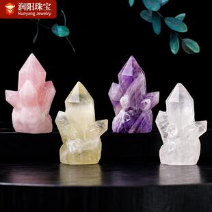 天然粉黄紫水晶柱晶簇雕刻件原石打磨办公桌面装饰矿物晶体摆件