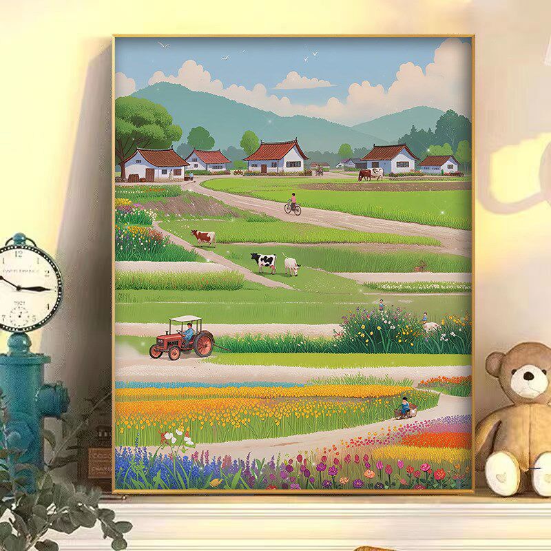 中数字油画乡村风景治愈系手工涂色客厅填色画