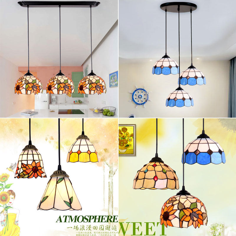 地中海风格吊灯具三头客餐桌灯圆盘田园饭店创意蓝色吧台灯饰