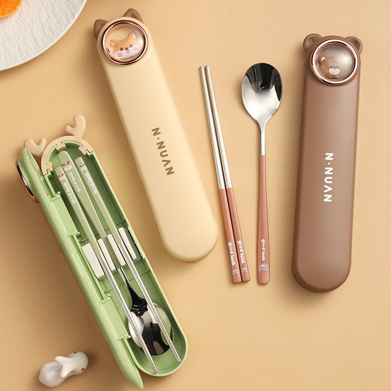 儿童筷子勺子叉子套装小学生专用餐具304不锈钢卡通三件套收纳盒