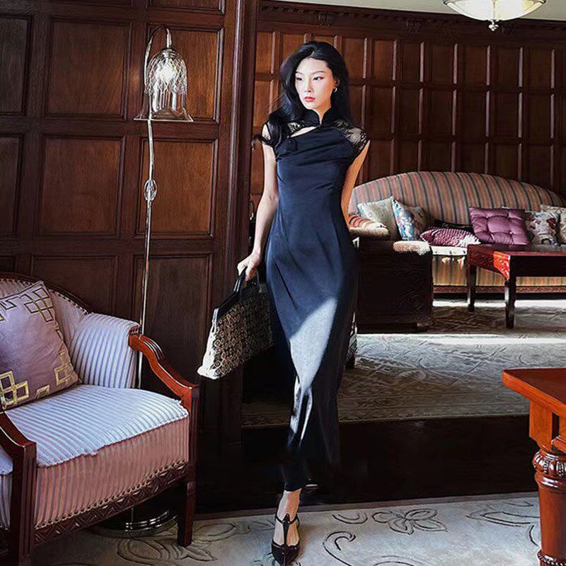 大码女装复古改良黑色旗袍缎面蕾丝拼接加肥胖妹妹气质显瘦连衣裙