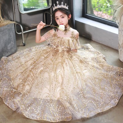 女童晚礼服高端金色亮片蓬蓬公主裙女孩婚纱主持人走秀钢琴演出服
