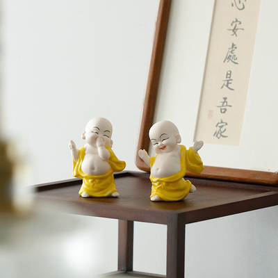 新中式禅意陶瓷招财弥勒笑佛创意玄关客厅家居装饰品车载汽车摆件