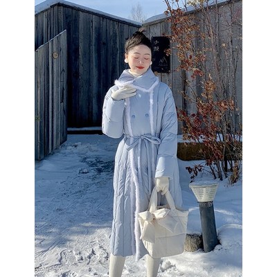 新中式蓝色毛毛拼接中长款羽绒服女秋冬收腰系带轻薄显瘦保暖外套