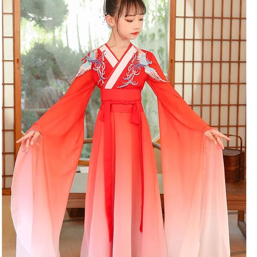 女童飘逸水袖演出服儿童中国风长笛表演服中大童女古筝比赛服装