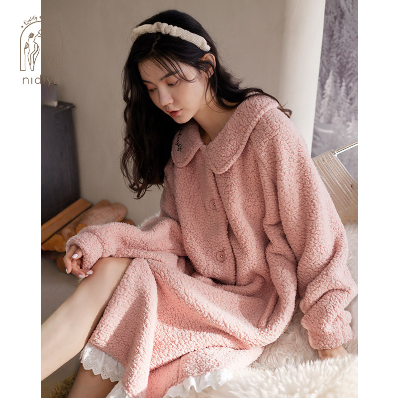 妮狄娅睡衣睡袍女秋冬季珊瑚绒娃娃领开衫睡裙粉红甜美少女家居服