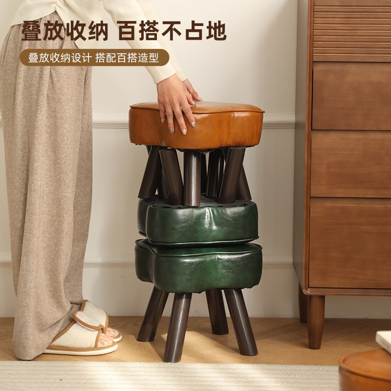 凳子家用软包皮矮凳实木门口换鞋凳客厅沙发凳复古简约儿童小板凳