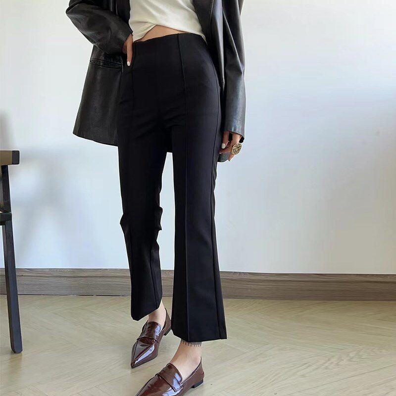 黑色微喇裤女小个子早秋中线鱼骨九分裤高腰显瘦高级感休闲西装裤