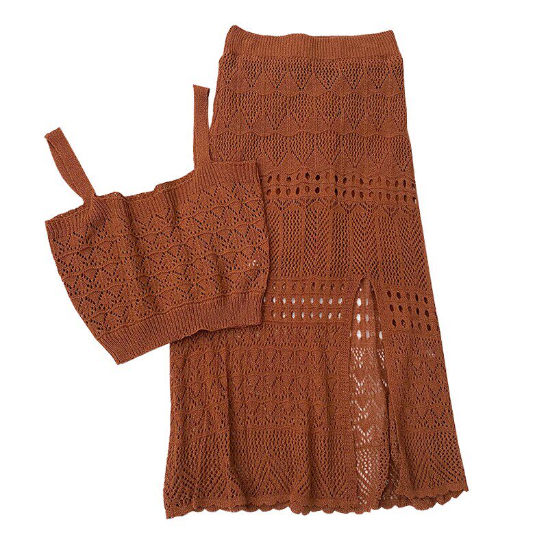 时尚镂空吊带背心内搭上衣+高腰显瘦中长款开叉半身裙两件套女