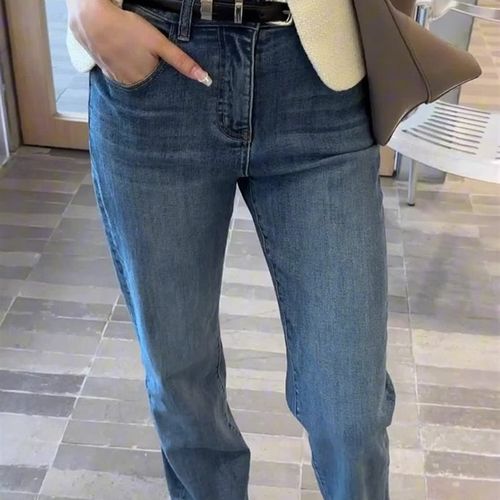 窄版弹力直筒牛仔裤女秋冬新款胖妹妹mm宽松显瘦梨形身材阔腿长裤