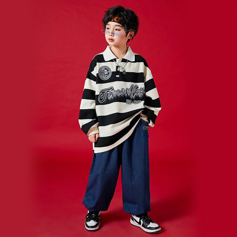 儿童街舞套装男女童酷帅条纹卫衣牛仔裤嘻哈hiphop表演服架子鼓服