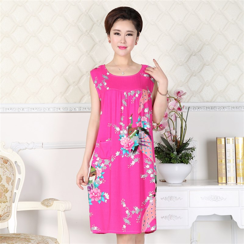 纯棉绸无袖薄款睡衣女夏中老年妈妈纯棉绸大码睡裙宽松绵绸连衣裙