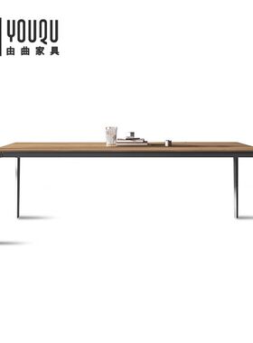 由曲 德利丰实木纹岩板餐桌 黑胡桃木楠木橡木网红饭桌家用餐桌椅