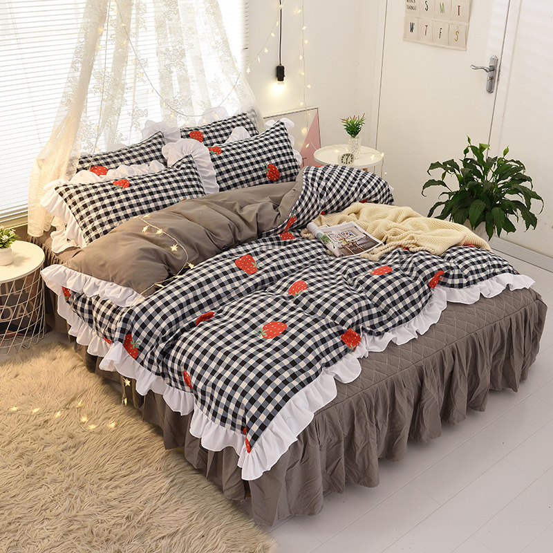 秋冬加厚夹棉床裙款四件套黑白格子荷叶花边公主保暖被套床上用品