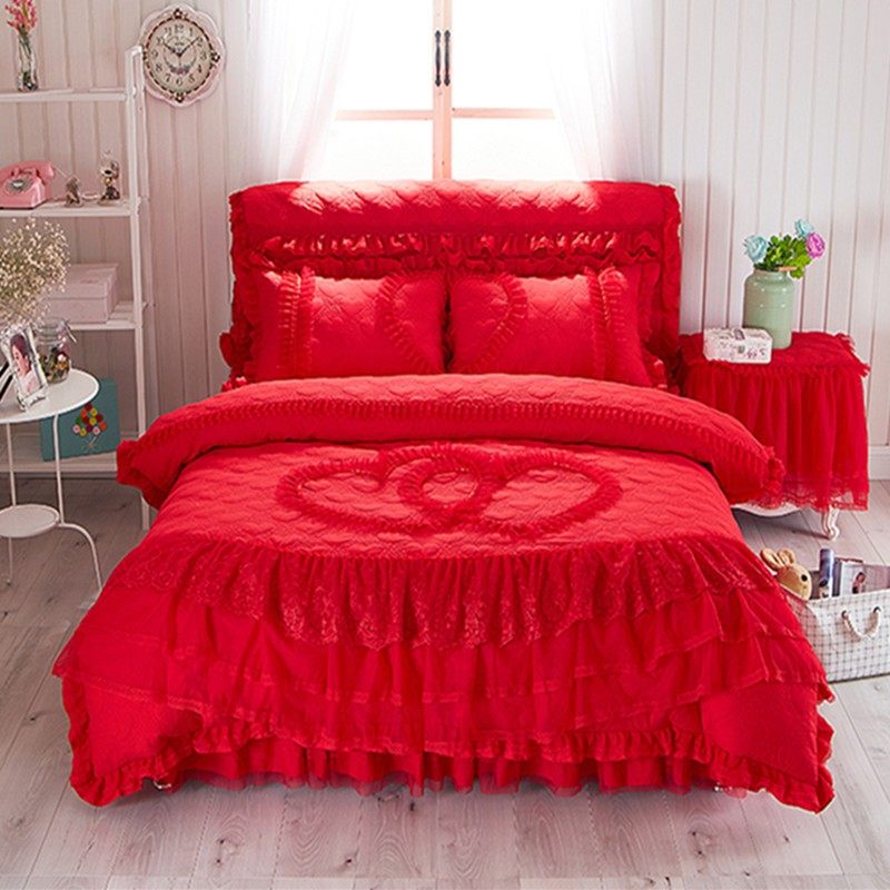 韩式床上用品公主风四件套1.8m夹棉蕾丝床裙花边床罩被套婚庆1.5m