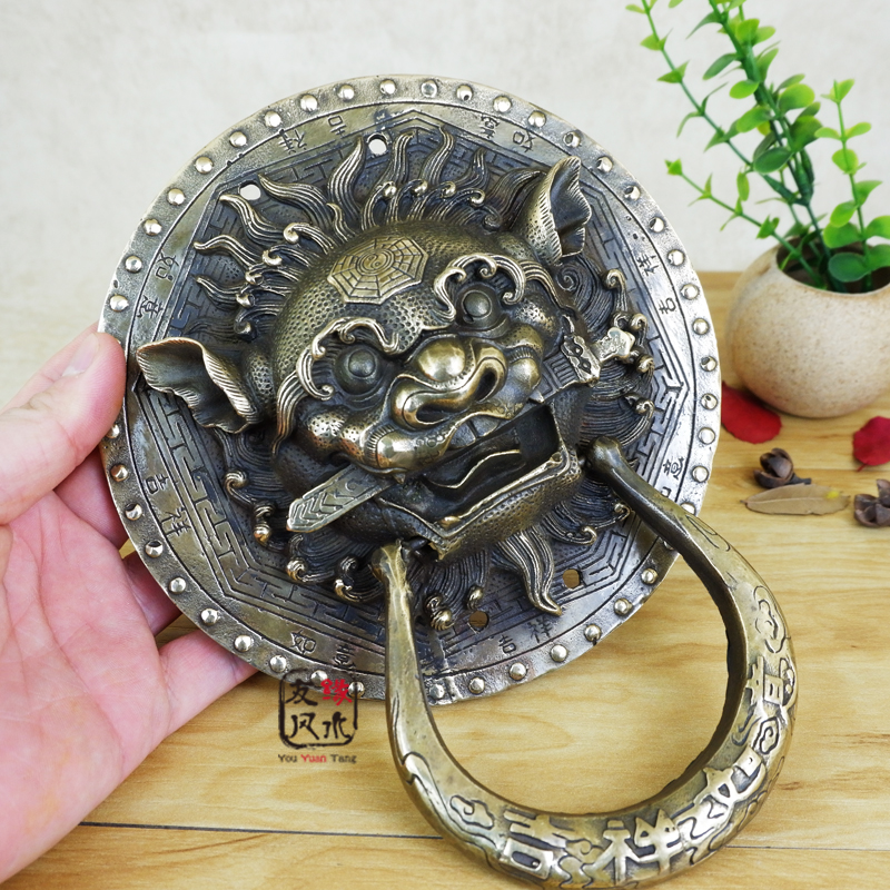 纯铜兽头门环拉手 仿古狮头睚眦狮咬剑大门 鎮宅化复古门把手