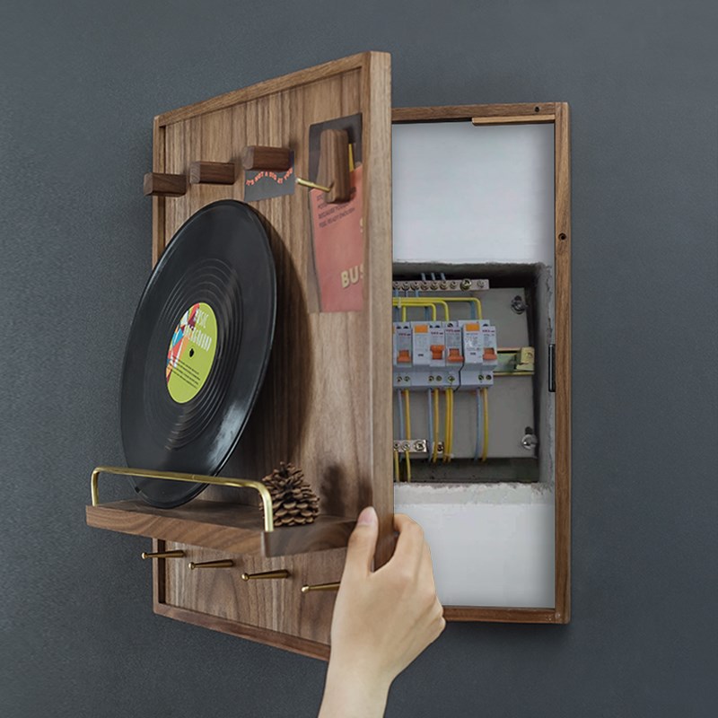 实木开合电表遮挡箱胡桃木玄关收纳配电箱带挂钩推拉电闸箱置物架