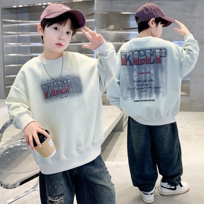 儿童装男童秋冬装加绒卫衣2024新款冬季中大童圆领打底衫加厚上衣