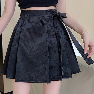 大码春季新中式女装半身裙国风短款马面裙黑色提花百褶裙a字半裙