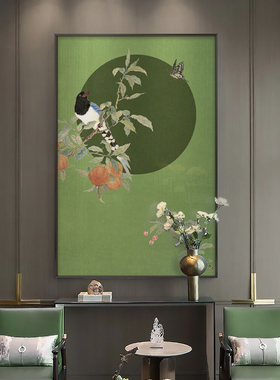新鸟装饰画墨绿色古典挂画软装样板房入户玄关大尺壁画