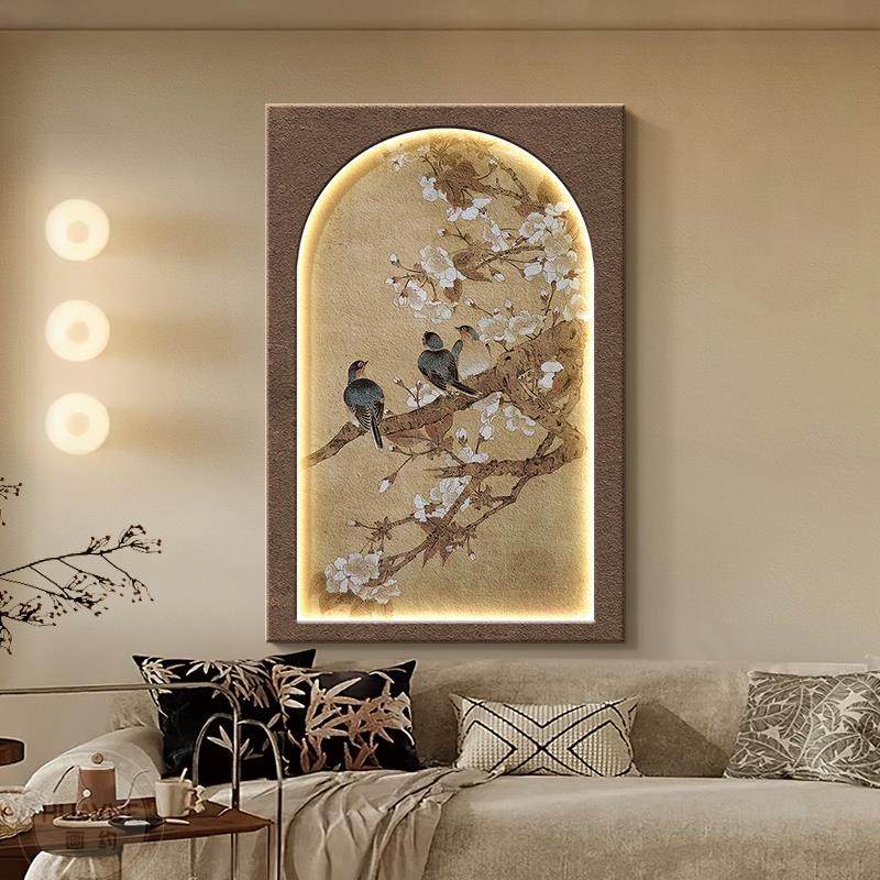 中古风客厅装饰画复古鸟沙发背景墙挂画立体肌理玄关壁灯画