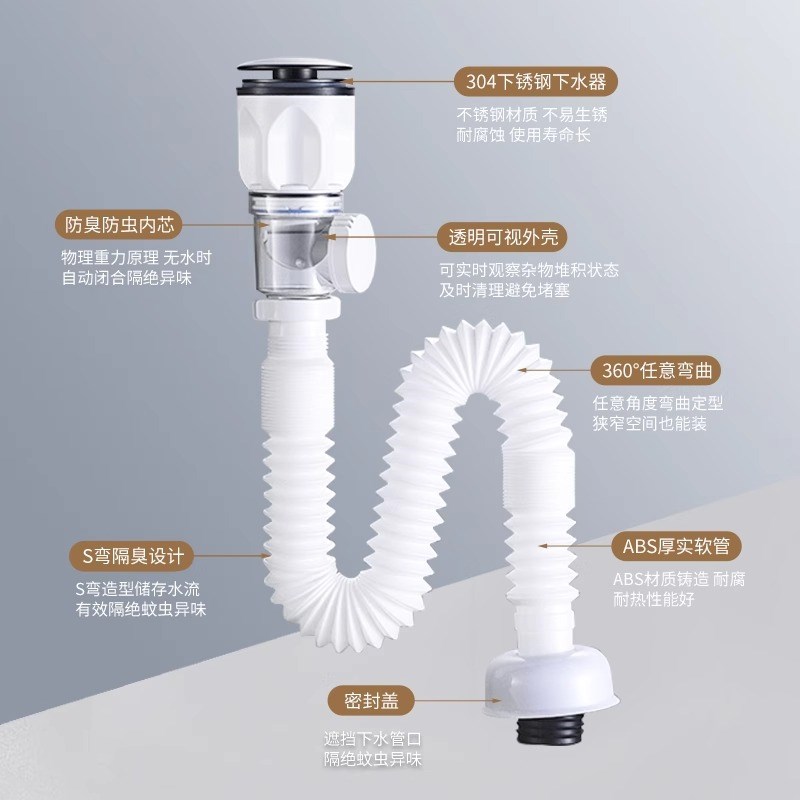 下水管排水管洗手池卫生间白色弹跳横排下水器装洗面洗脸盆防臭