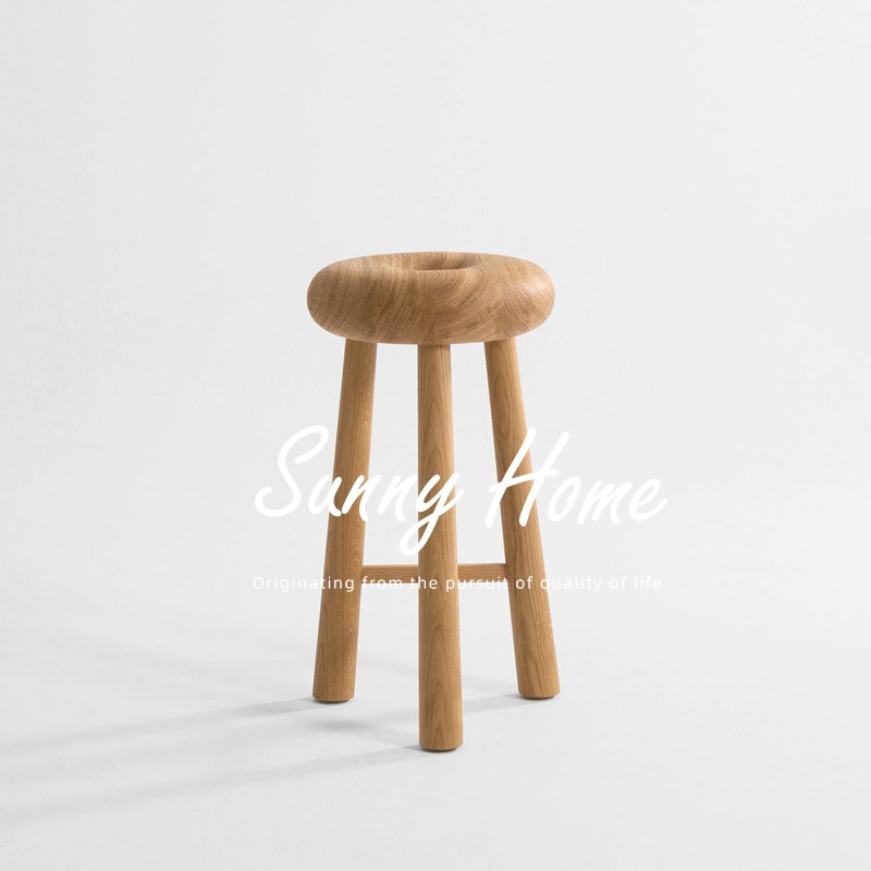 法式简约实木创意吧凳 中古风酒吧高脚凳吧椅家用甜甜圈吧台椅