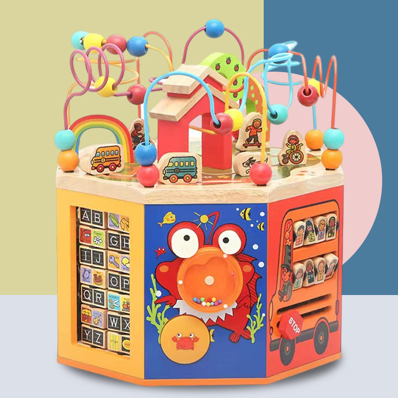 儿童大绕珠串珠多功能婴幼儿木制八面体百宝箱-2岁宝宝益智