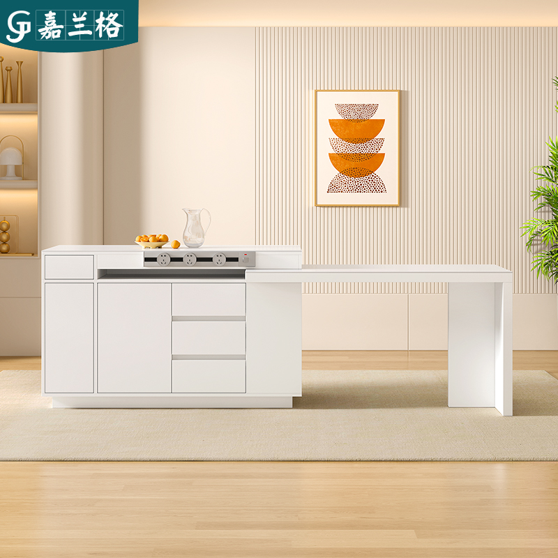 奶油风旋转岛台餐桌一体家用小户型岩板岛台柜多功能吧台桌子倒台