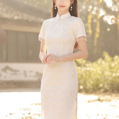 白色蕾丝旗袍20232023夏季年轻少女款复古国风订婚礼服连衣裙