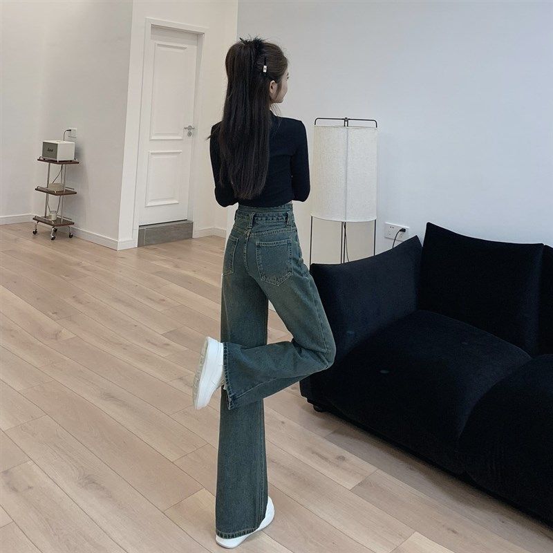 2024早秋复古窄版牛仔裤女高腰显瘦宽松微喇小个子垂感时尚阔腿裤