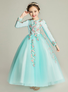 儿童晚礼服公主裙女童婚纱裙长袖加绒加厚花童长裙钢琴演出服洋气