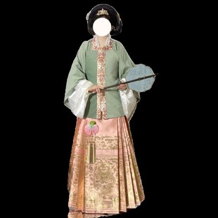 梦桑塔明制汉服新款冬季加绒短袄加厚大码绿色系粉色马面裙织金女