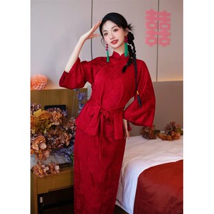 新中式改良旗袍新娘晨袍酒红色复古中国风敬酒服订婚礼服两件套装