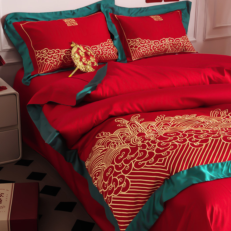 高端新中式婚庆100s全棉四件套结婚纯棉国潮风喜嫁被套长绒棉床品